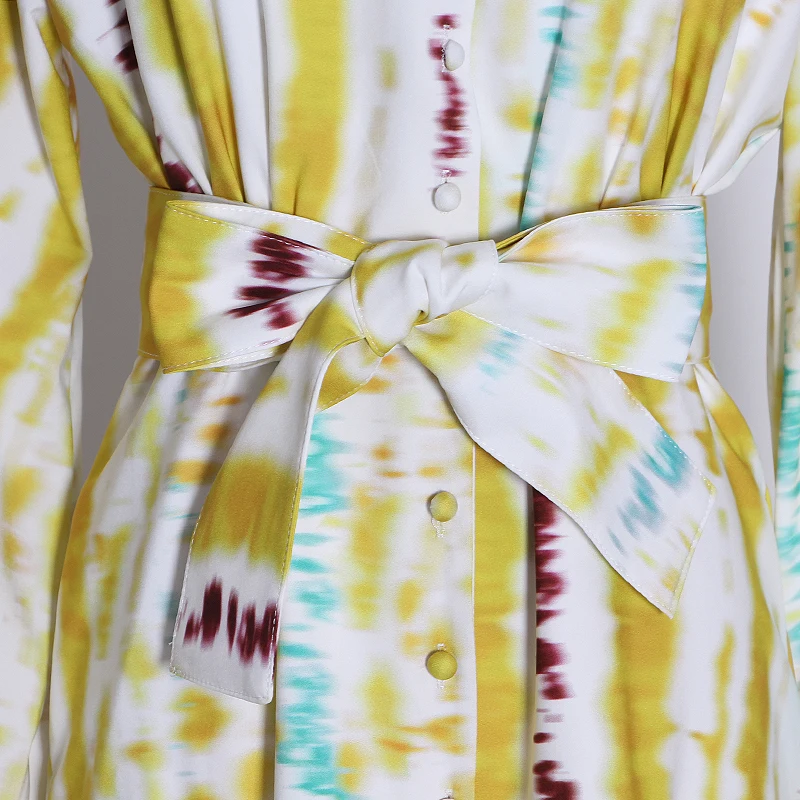 

VGH Patchwork Striped Dress Women V Neck Lantern Sleeve High Waist Hit Color Ruched Print Dresses Female 2020 Fashion Clothes