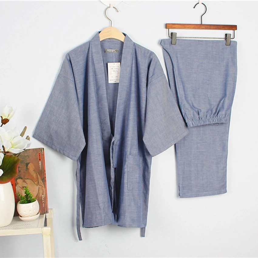 Хлопковое японское кимоно, одежда для сна для самураев, мужские топы Haori+ штаны, комплект одежды, традиционная Мужская пижама-кимоно, ночная рубашка Jinbei