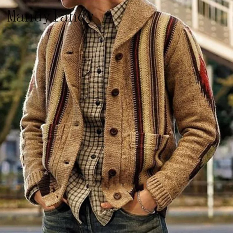 

Mandylandy Sweater Coat Winter Single-Breasted Pocket Stitching Turn-down Collar Sweater Men's Long Sleeve Striped Straight Coat