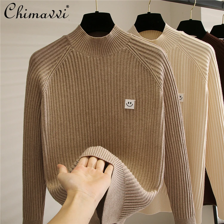 

2021 Autumn Clothes New Fashion Half High Collar Sweater Simple Loose Slimming and Short All-Match Knitted Bottoming Tops