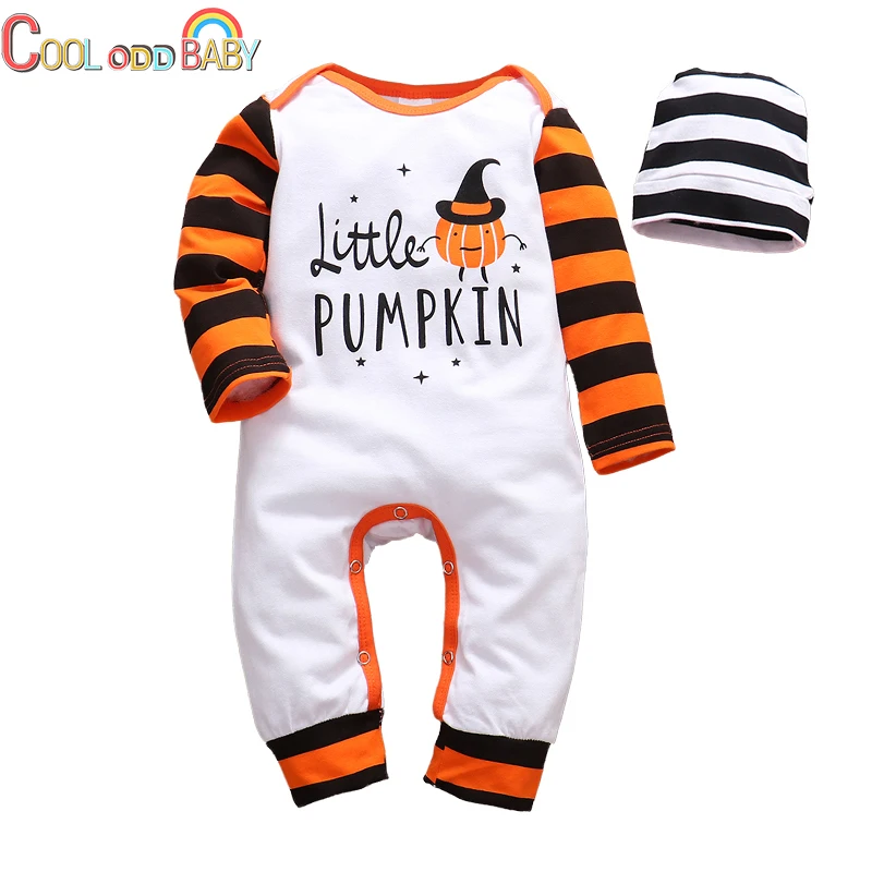 

Комбинезон для новорожденных мальчиков и девочек на Хэллоуин, одежда для малышей, комбинезон с длинными рукавами и буквенным принтом тыквы, шапка для малышей, Одежда для младенцев, 2020