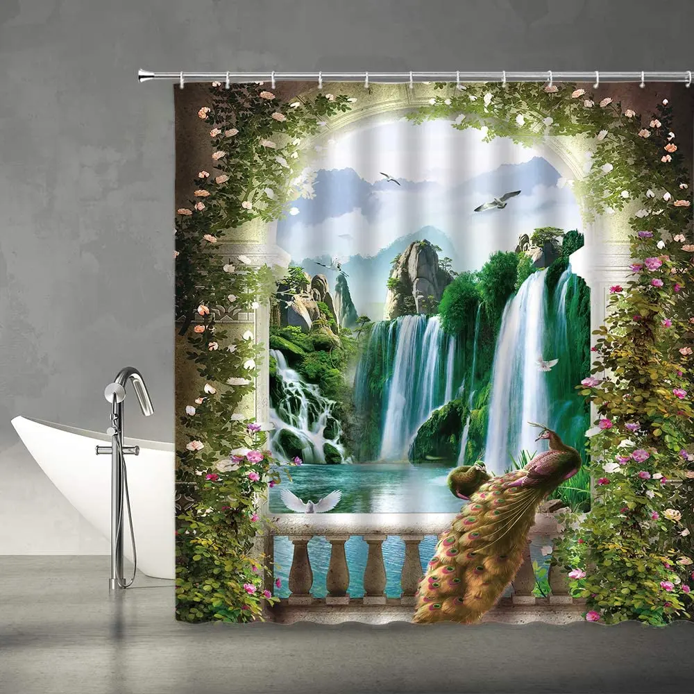 

Peacocks Shower Curtain Fantasy Nature Waterfall Arched Door Colorful Vine Flower Scenery Polyester Bathroom Decor Set with Hook