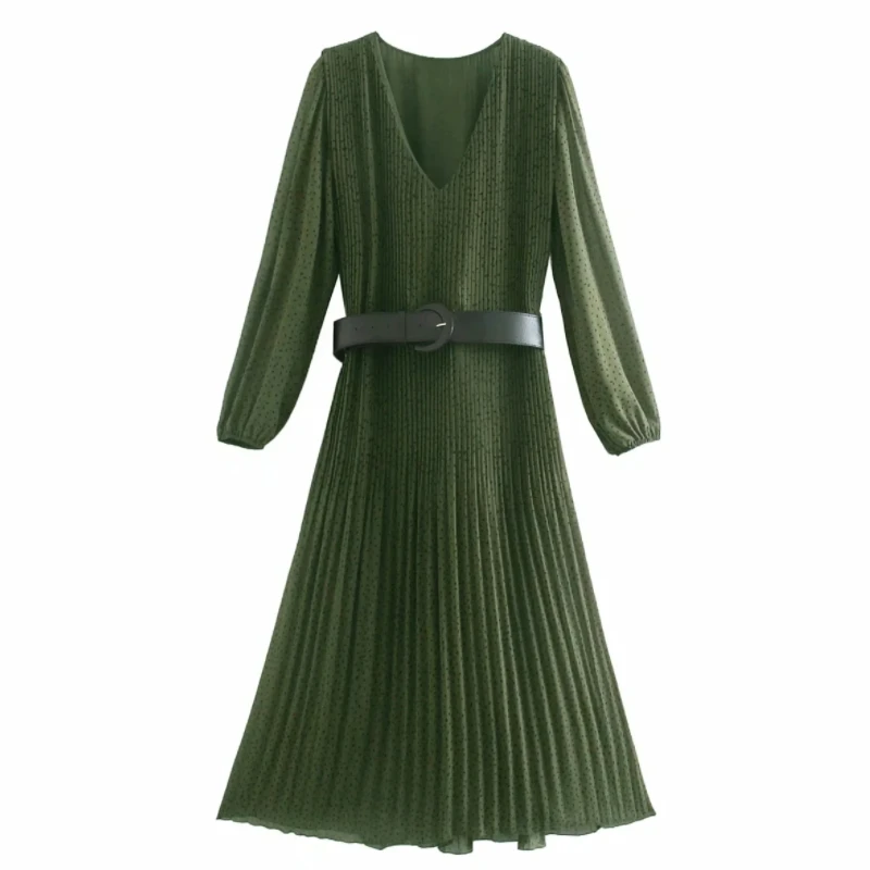 

Женское шифоновое платье-миди в горошек, с поясом и рукавами-фонариками