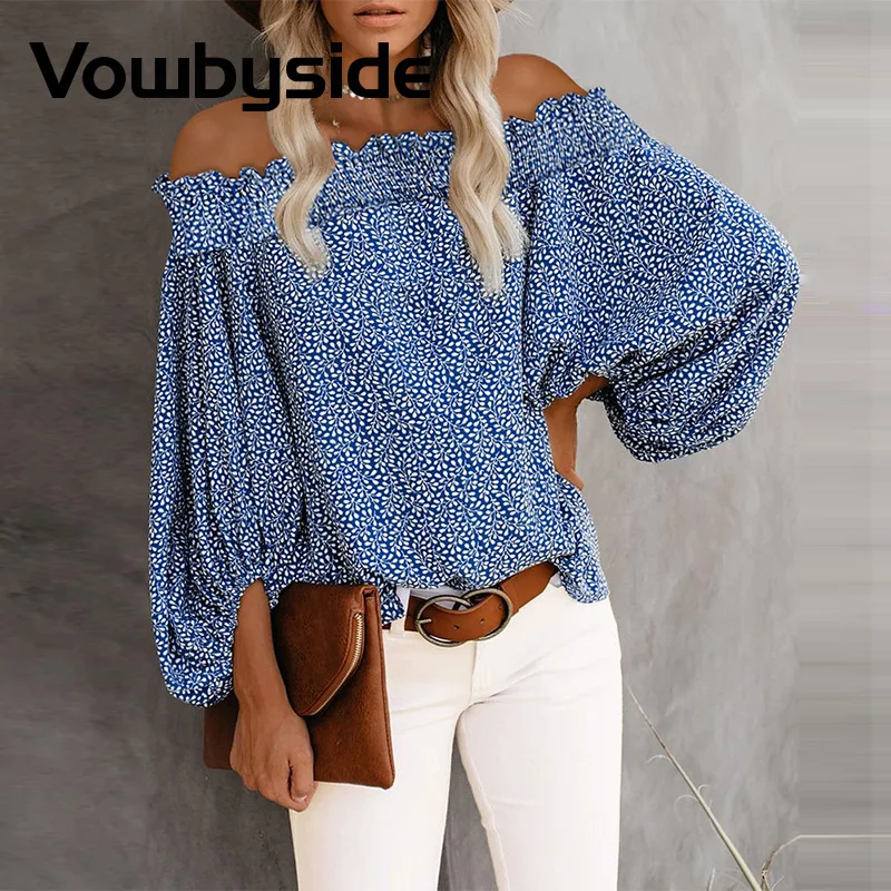 

Off Shoulder Floral Print Lantern Sleeve Top Women Blouses
