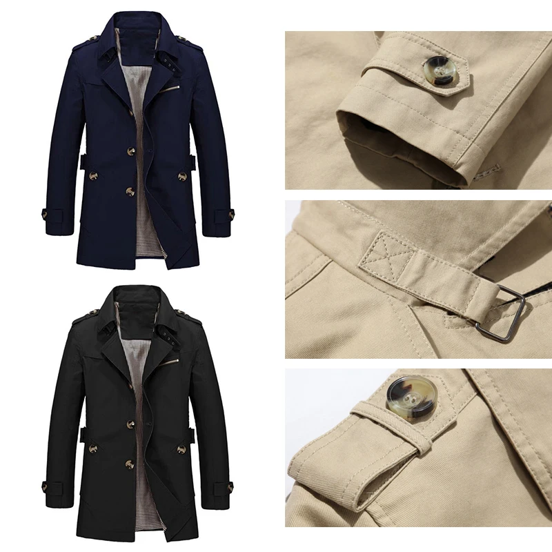 

Men's Autumn Winter Mid Length Jackets Fashion Casual Jacket Long Trench Coat Stand Collar Windbreaker