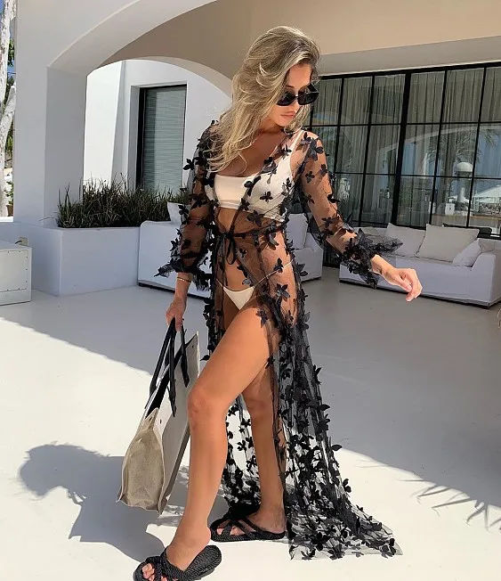 

Summer New Women's Long Swimsuit Cover Up Sexy Open Front 3D Butterfly Flowy Kimono Cardigan