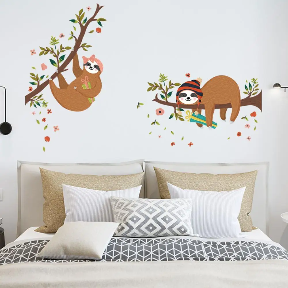 

Наклейка на стену с изображением двух ленивей на дереве, украшение для детской комнаты, спальни, роспись, художественные наклейки, наклейки с животными, домашний декор, обои