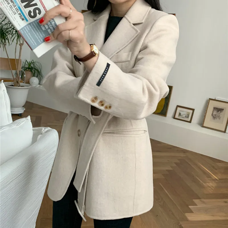 

Women's Woolen Overcoat Cashmere Jackets Autumn Winter Baggy Thickening Warm Female Pure Manual Senior Brand TOPs Blazer Coat