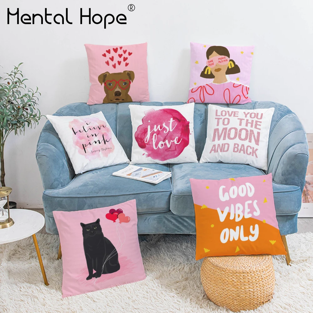 

Pink Print Decorative Cushion Cover Letter Word Pattern Throw Pillow Cover Home Decor Plush Geometric Square Pillowcase