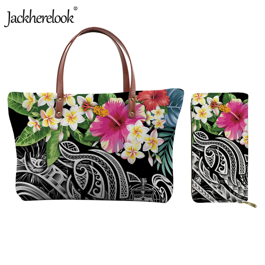 

Jackherelook Polynesian Sea Turtle Hibiscus Plumeria Design Female Tote Bag Womens Fashion Handbag Wallet 2pcs/Set Shoulder Bag