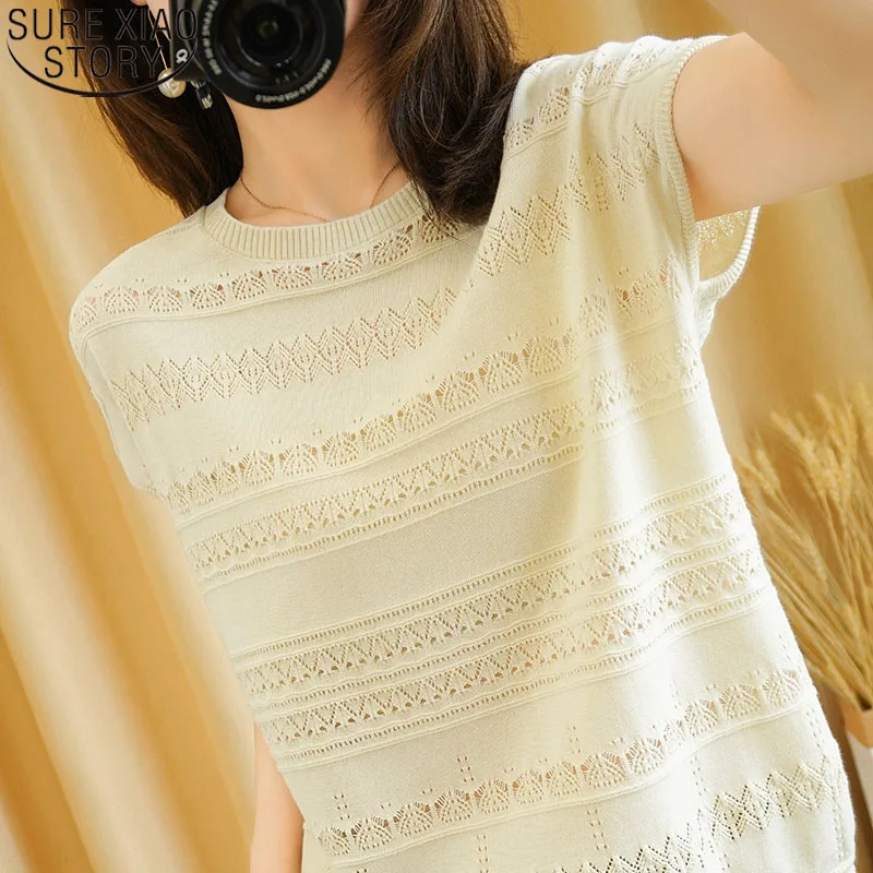 

Summer New Round Neck Pullover Knitwear Clothing Cotton Shirt Women Knitted Blouse 2022 Casual Casual Tops Short Sleeve 14642