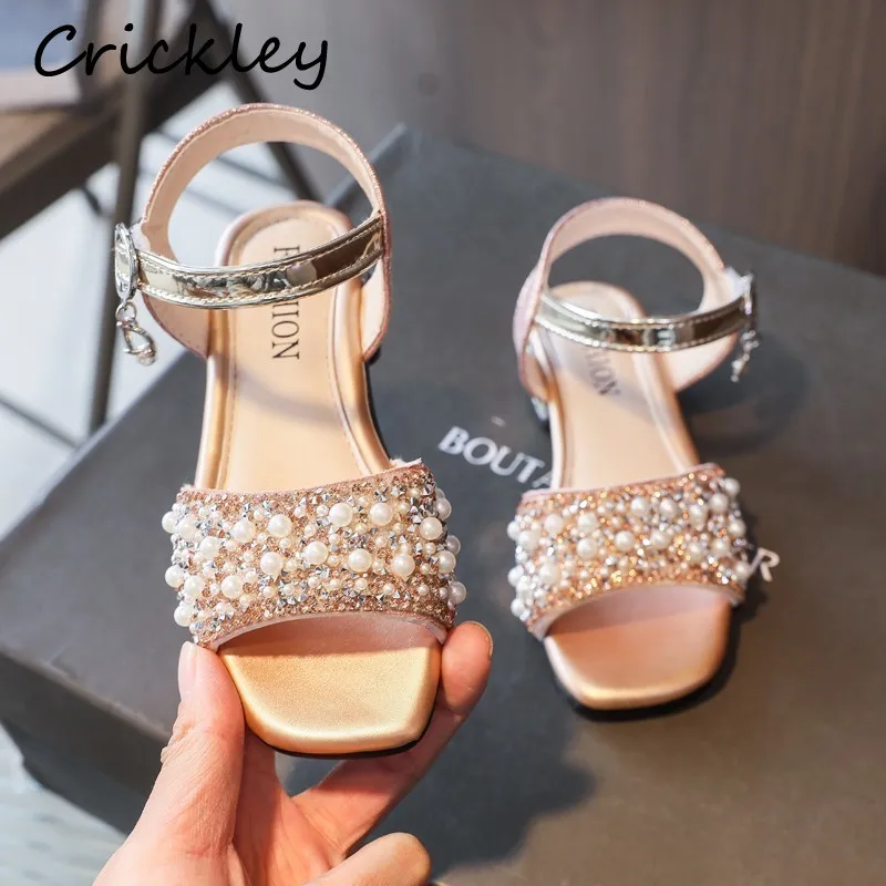 

Summer Girl Sandal Sequins Pearl Sandals Mirror Leather Girl Single Shoes Soft Bottom Soft Sole Barefoot Children's Sandal