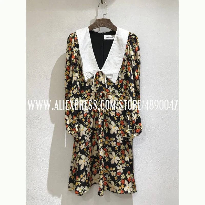 

Elegant temperament waist deep V-neck doll collar sweet floral puff sleeve dress high quality women's holiday dress