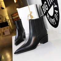 bigtree leather boots women genuine pointed toe mid heel ankle boots thick square heel slip on western boots cowboy boots women