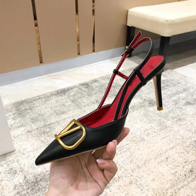 

2021 New Summer New Sandals Metal V Buckle Red Lining Pointed Stiletto High Heels Beige Leather Banquet Shoes Fashion
