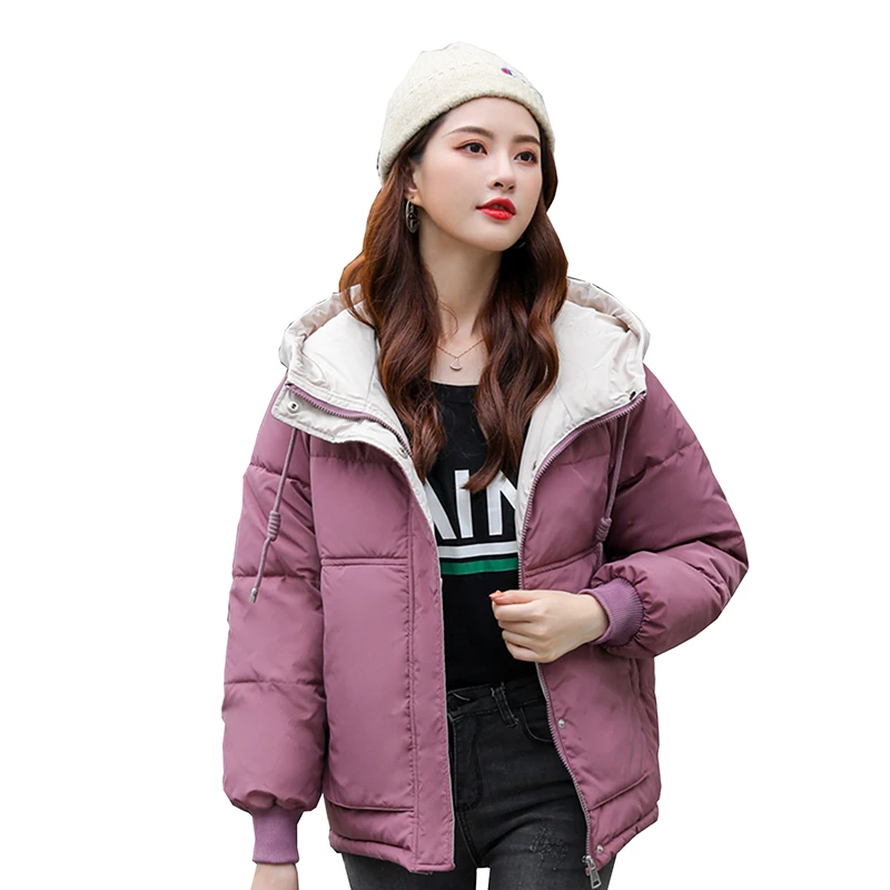 

Fashion Winter Jacket Women Hooded Coat Short Stand Collar Zipper Big pocket Down cotton Thick Warm Winter Outerwear 2019 New