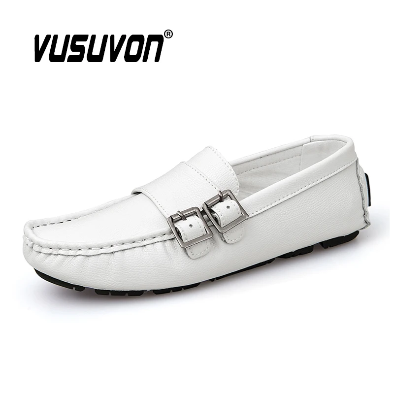 White Loafers Men Leather Shoes Plus Size 38-47 Buckle Casual Comfortable Light Walking Driving Flats Moccasins | Обувь