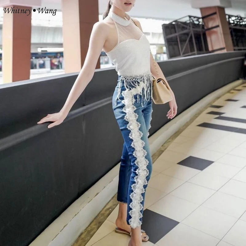 WHITNEY WANG 2020 Весенняя мода уличная одежда кружевная окантовка сбоку 3D Цветы джинсы