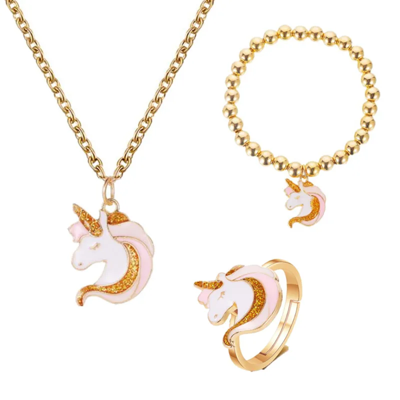 

New Hot Necklace Ring Cartoon Unicorn Necklace Earring Jewelry Pink Girls Gift Jewelry Jewelry Bracelet and Necklace Set