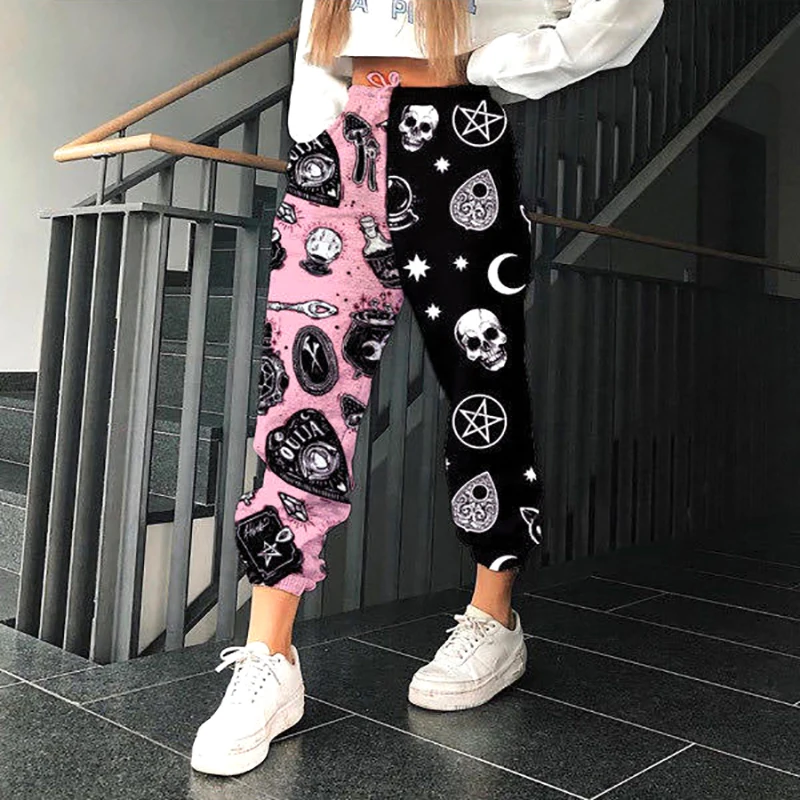 

2021 Fashion Skull Print Women's Loose Sweatpants Trendy Printed Elastic Waist Color Block Street Jogger Pants with Pockets