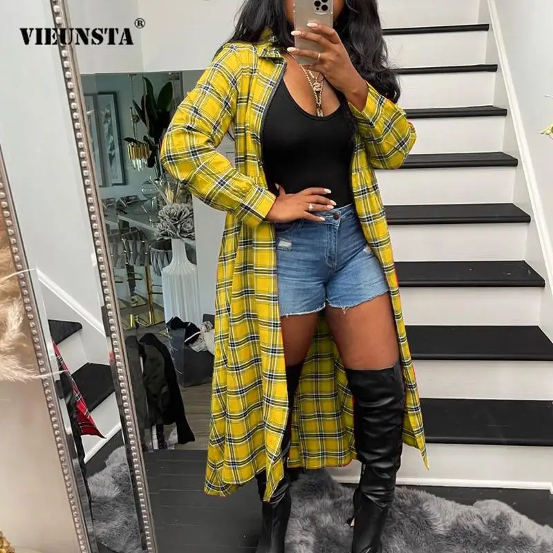 

Женская Повседневная Длинная ветровка, элегантная приталенная рубашка, Стильные топы, модная винтажная уличная клетчатая длинная куртка, о...