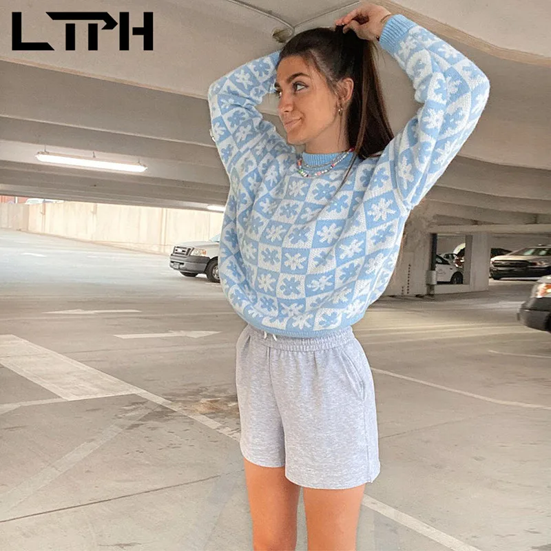 

LTPH Streetwear vintage floral knitted pullovers oversized loose women sweaters O-Neck long sleeve top jumpers 2021 autumn new
