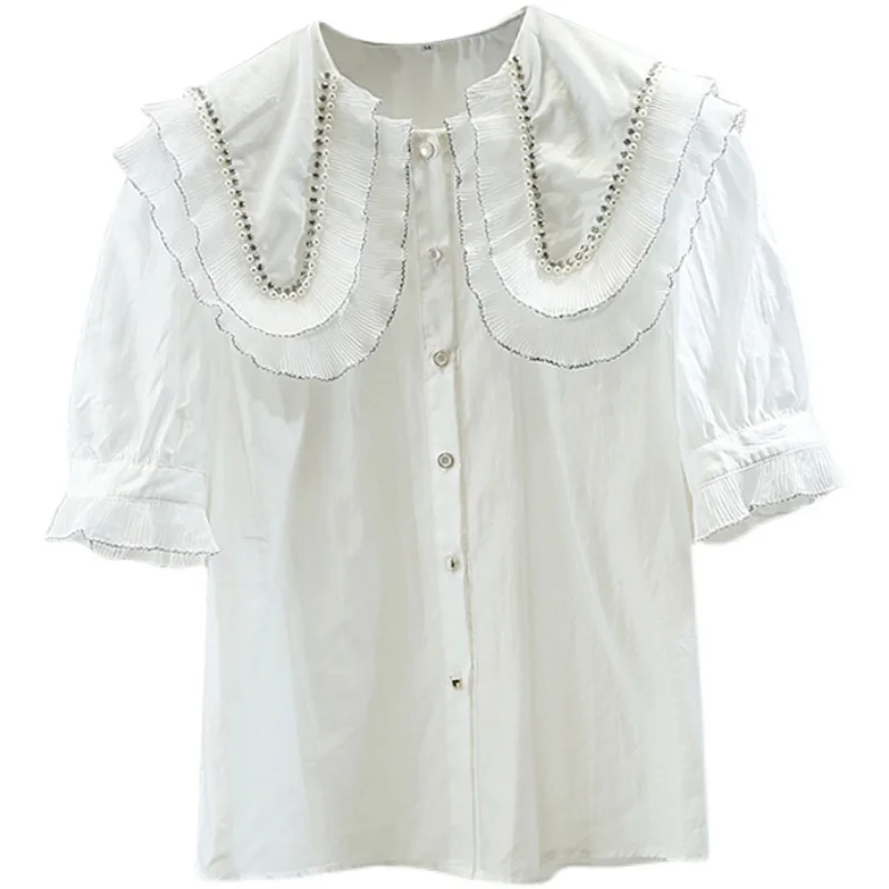 

Blouses Femme Beads Diamond-Embedded Sweet Double-Layer Doll Large Lapel Single-Breasted Puff Sleeve Thin Transparent Shirt Tops