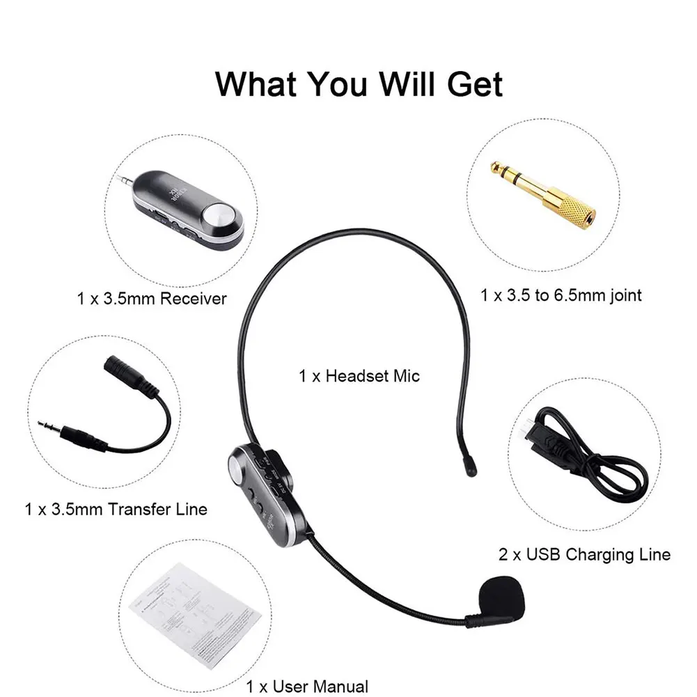 

K380R Rechargeable Wireless UHF Headset Microphone Mic Receiver Adapter Kit