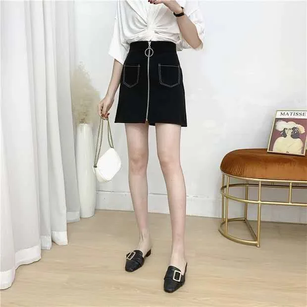 

Spring & Autumn 2020 NEW Black Metal Ring Zipper Women Girl Casual Skirt