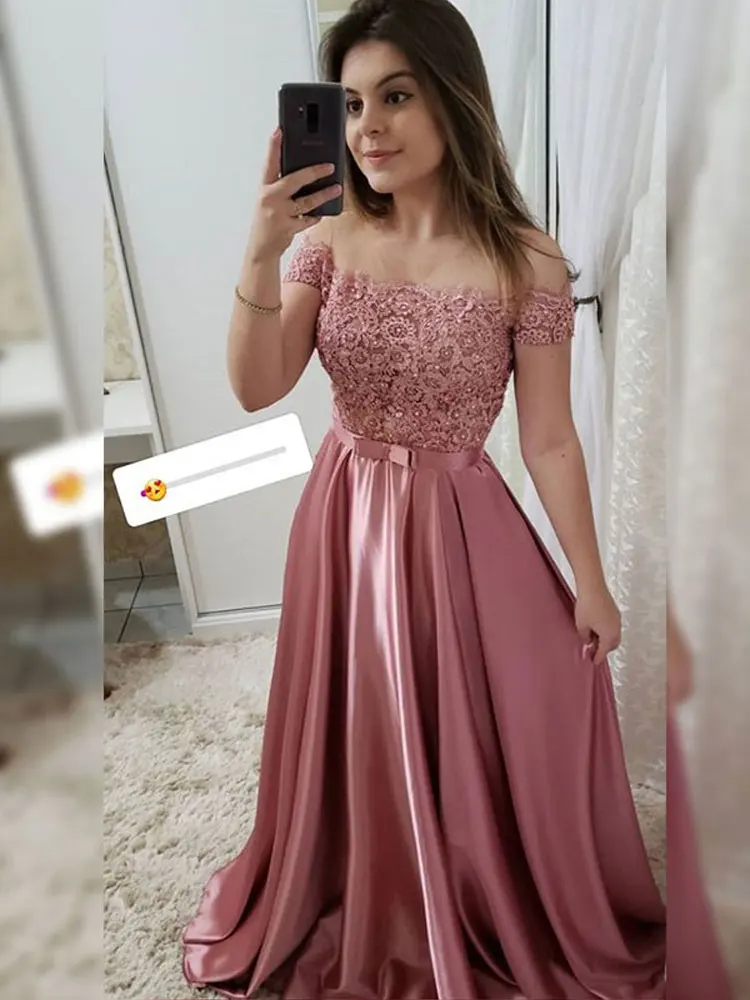 

Pink Off-the-shoulder Evening Dresses A-line horizontal neck Sweep/Brush Party Gowns Applique Sleeveless Bowknot\Bow Party Dress