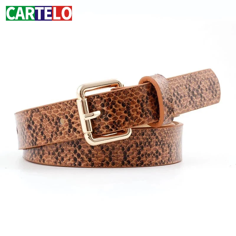 

CARTELO Snakeskin Print Belts For Women Gold Square Pin Buckle Waistband Leather Belt Women Dress Jeans Leather Belt fashion