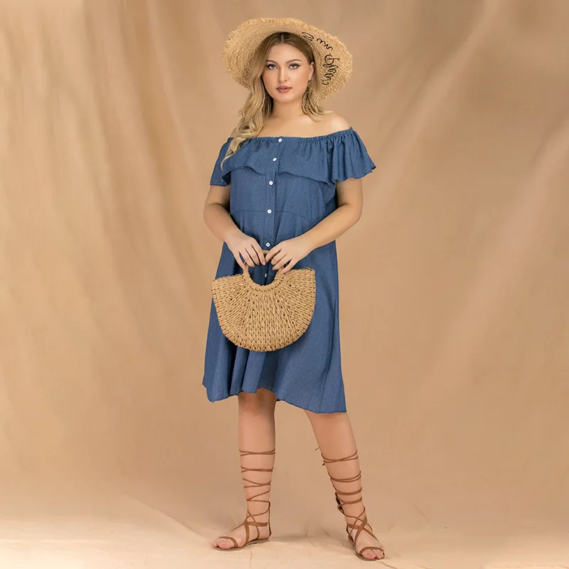 

Plus Size Summer Dress Sexy Solid Off Shoulder Ruffle Short Sleeve Dresses Single Breasted Loose Waist Blue Denim A Line Dress