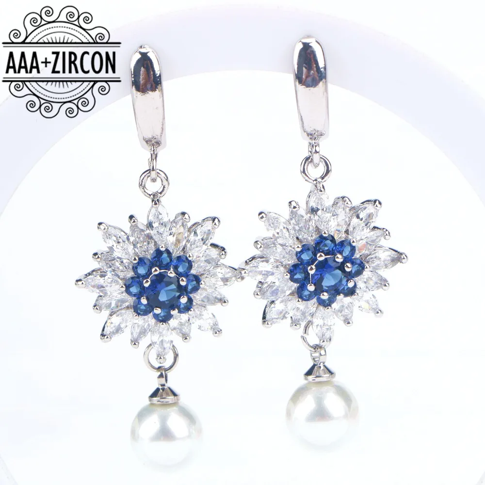 Женский комплект свадебных украшений с голубым цирконием и жемчугом серебро 925