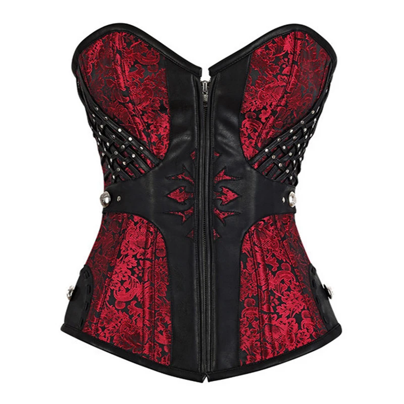 

Zipper Bustier Lace Up Boned Overbust Bodice Waist Trainer Corset Red Mesh Sexy Women Steampunk Clothing Gothic Plus Size S-6XL