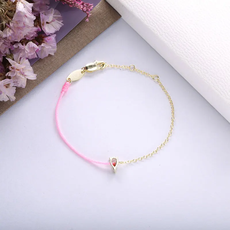 

Moonmory 925 Sterling Silver Pink Purple String Water Drop Crystal Bracelet For Women Half Golden Chain Half Rope Jewelry 0.8mm
