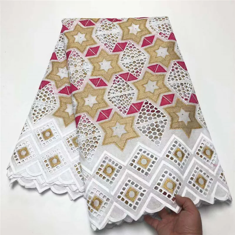 

5 Yard Dry Lace Fabric Latest Heavy Beaded Embroidery African 100% Cotton Swiss Voile Popular Dubai Style For Party Wedding YL12