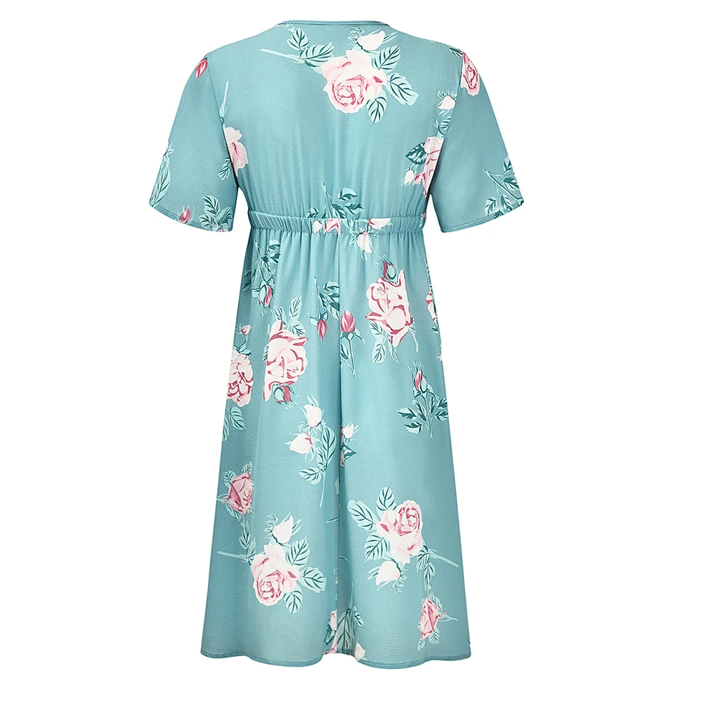 

Holiday Slim Waist Short Sleeve Gift Women Dress Maternity V Neck Fashion Flower Causal Large Swing Floral Prints Summer