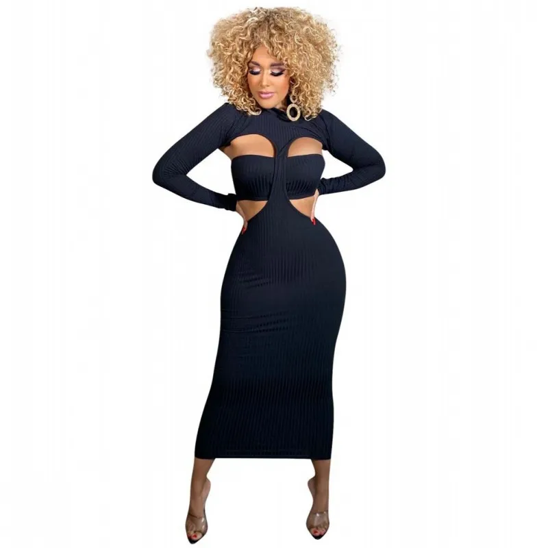 

Skinny Long Dress Women With Tank Full Sleeve Solid Ribbed Robes Autumn New Sexy Hollow Backless Sexy Clubwear Outfit Dress 2021