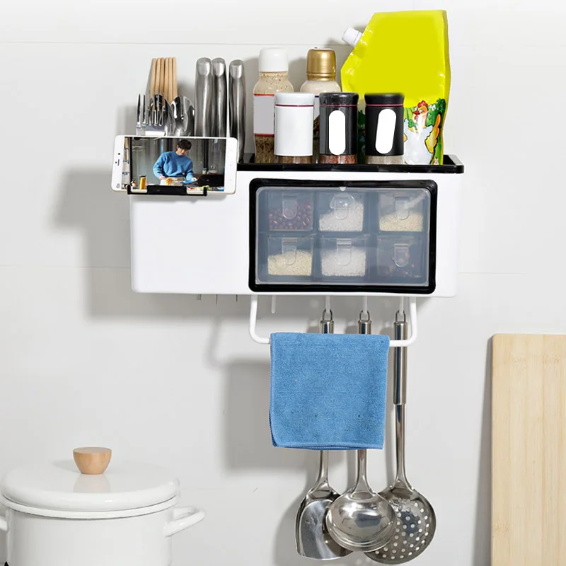 

ABEDOE Wall-Mount Towel Holder Sauce Bottle Storage Rack Multifunctional Plastic Film Cutter Mutifunction Kitchen Organizer
