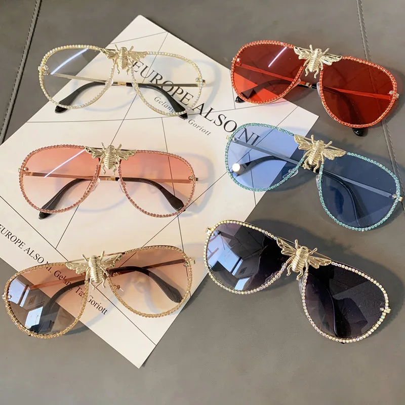 

Fashion Cat Eye Rhinestone Bee Sunglasses Women Vintage Bling Diamond Sun Glasses Brand Shades for Men Punk Eyeglasses Uv400