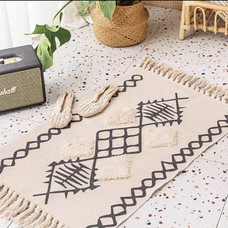 

Moroccan Style Cotton And Linen Tassel Floor Mats Simple Bedroom Home Bedside Carpet Living Room Sofa Coffee Table Tufted Floor