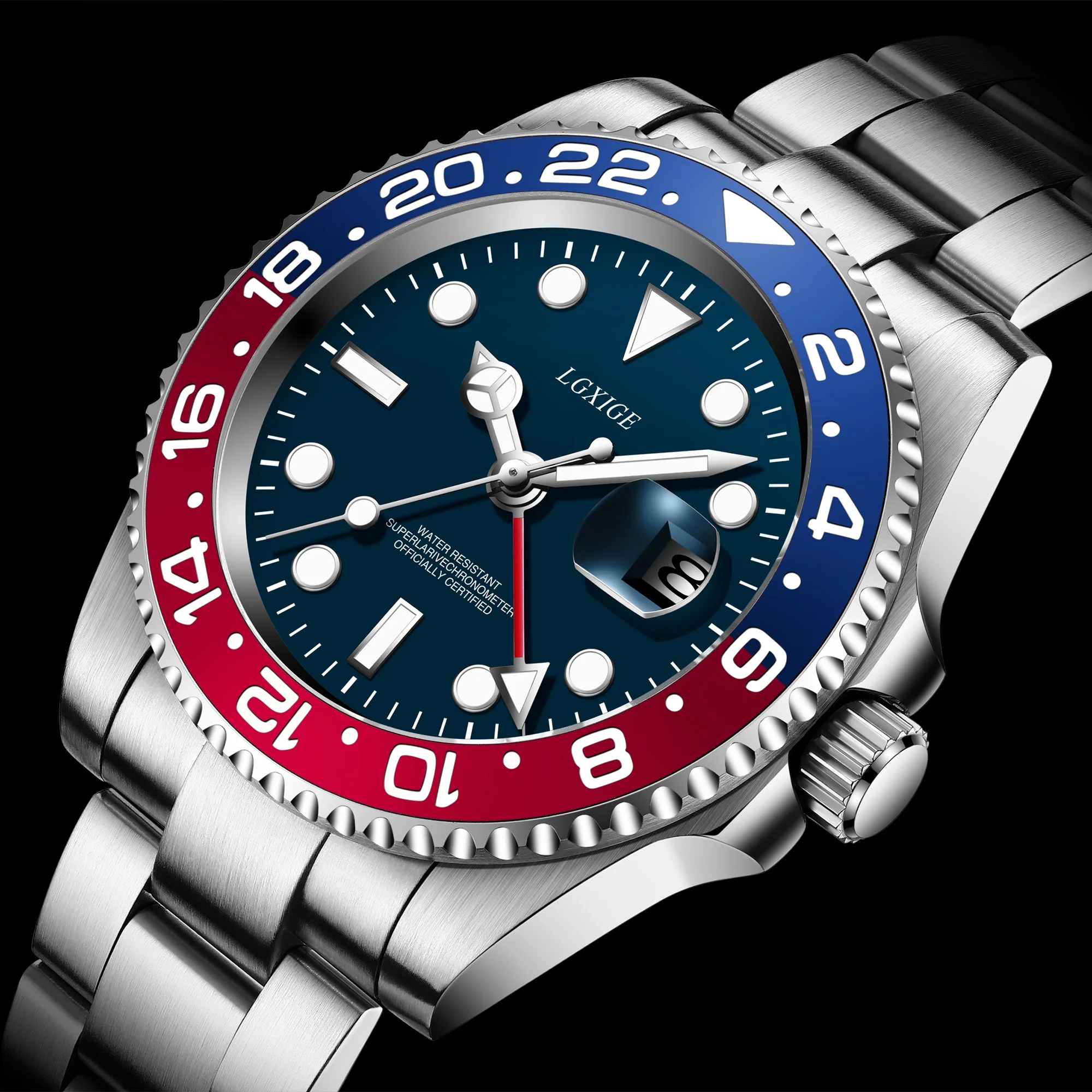 LGXIGE GMT часы Для мужчин полный Сталь Топ Роскошные брендовые автоматические для