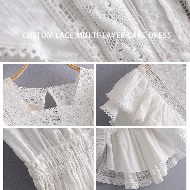 

Women Summer Complex Custom Lace Layered Pleated Ruffled Square Collar Cake White Dresses Short Petals Sleeve Maid Cute Vestidos