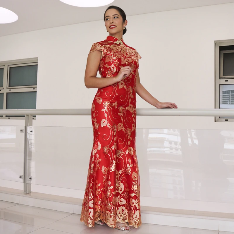 Красное китайское свадебное платье женское длинное с коротким рукавом Cheongsam Золотое тонкое китайское традиционное платье женское Qipao для свадебной вечеринки
