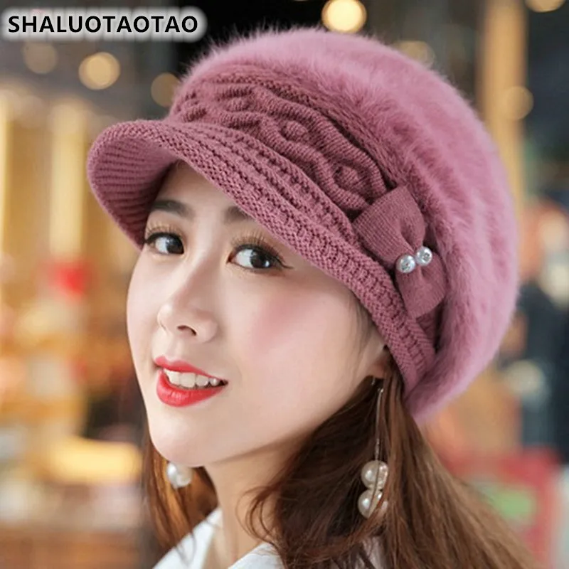 

SHALUOTAOTAO новые модные теплые береты из кроличьего меха для женщин утолщенные теплые вязаные кепки газетчика Элегантные благородные бренды з...