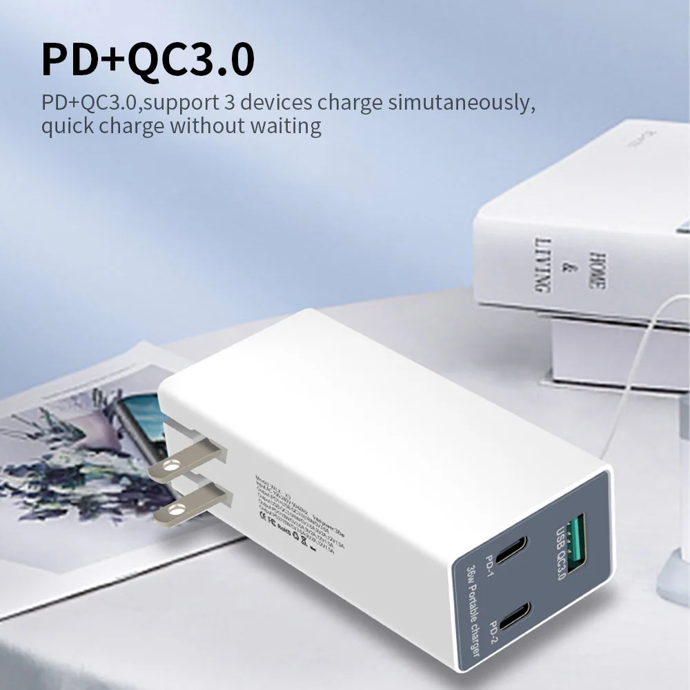 

WLX-X3 Dual PD+QC3.0 Quick Charge 3 Port USB+Type-C Charger Portable Charger Head Adapter for Tablet/Phone Charger EU/US/UK Plug