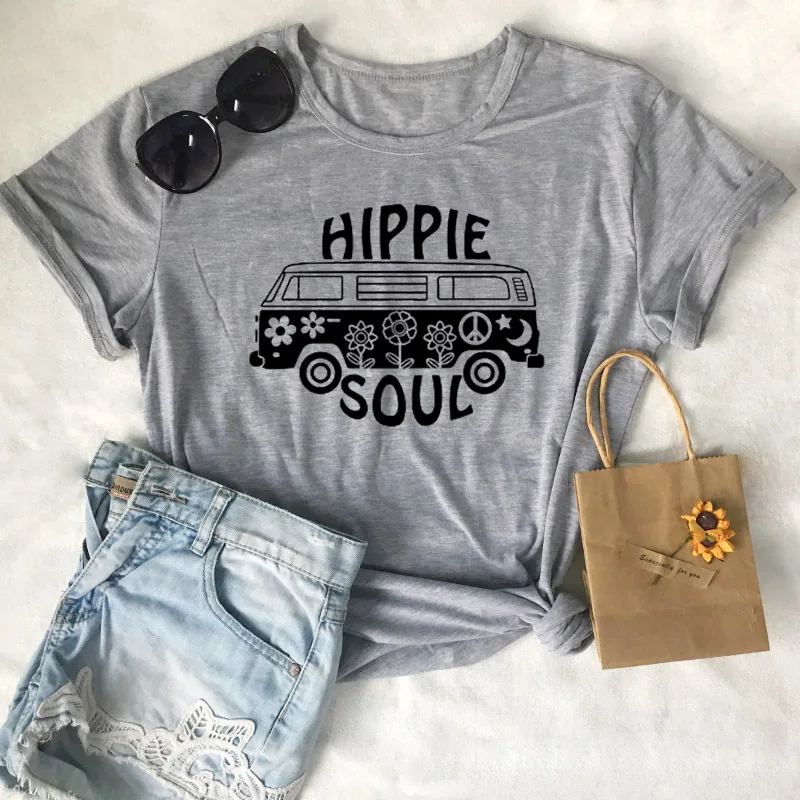 

100% Cotton Women T Shirt Hippie Soul Bus Printed Tshirt Ladies Short Sleeve Tee Shirt Women Female Tops Clothes Camisetas Mujer