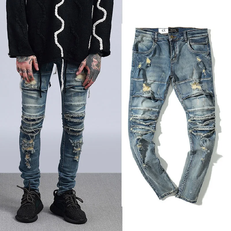 

2020Fashion Men Holes Jeans European High Street Motorcycle Biker Jeans Men Hip Hop Ripped Slim Jeans pencil pants Dropshipping