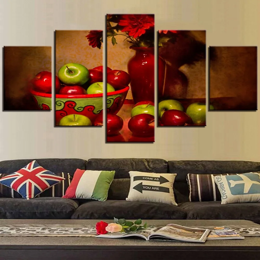 

5 Pieces Still Life Canvas Oil Fruit and Vase Posters Food and Flowers For Home Room Shop Decor Abstract Art Framework Modular