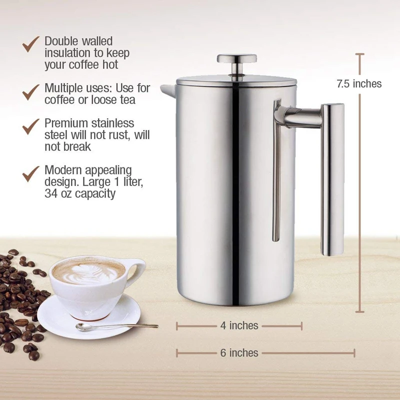 

Stainless Steel French Press Coffee Maker | Double Walled Insulated Coffee & Tea Brewer Pot & Maker | Keeps Brewed Coffee or Tea